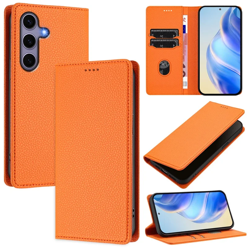 For Samsung Galaxy S25 / S24 Wallet Case RFID Blocking Litchi Texture Leather Mobile Cover - Orange