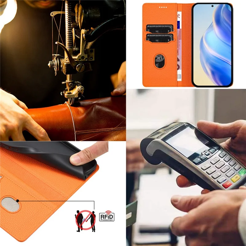 For Samsung Galaxy S25 / S24 Wallet Case RFID Blocking Litchi Texture Leather Mobile Cover - Orange