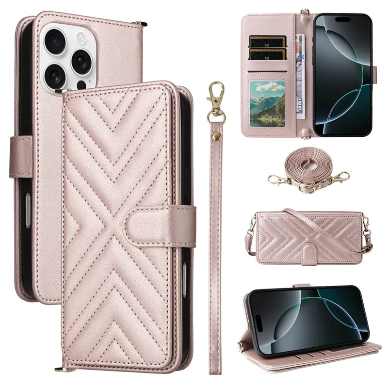 For iPhone 16 Pro Wallet Case with Shoulder / Wrist Strap Leather Phone Cover Stand - Pink