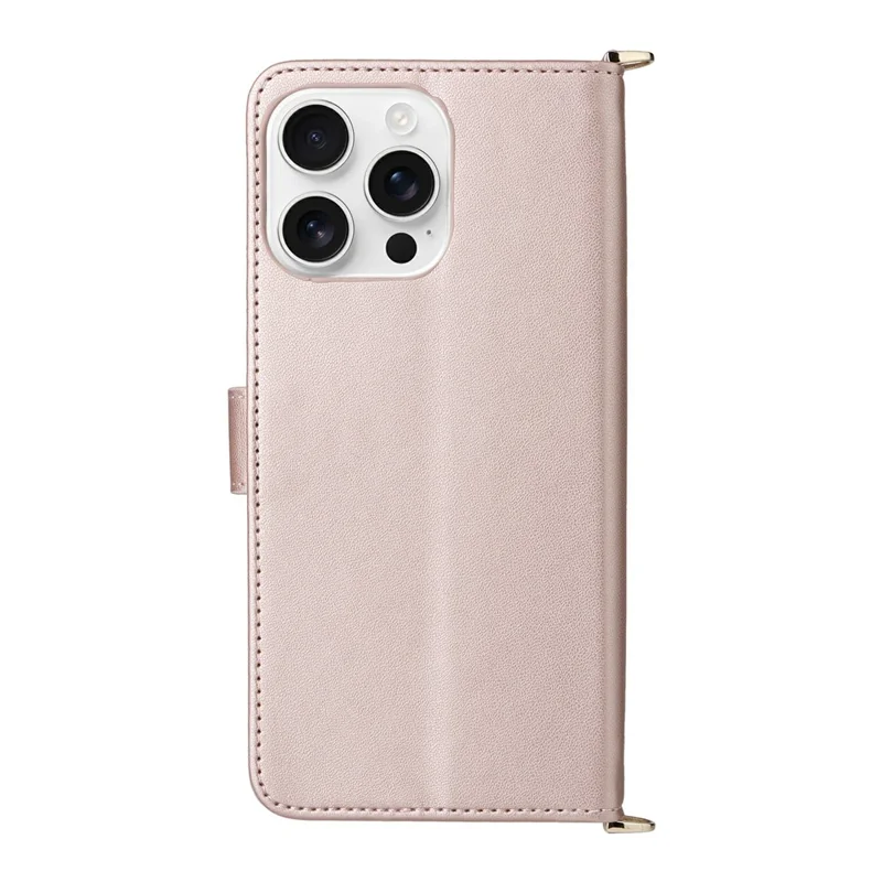 For iPhone 16 Pro Wallet Case with Shoulder / Wrist Strap Leather Phone Cover Stand - Pink