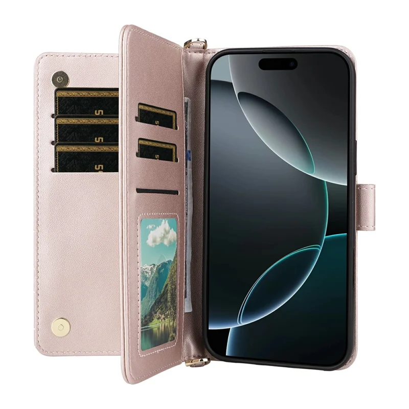 For iPhone 16 Pro Wallet Case with Shoulder / Wrist Strap Leather Phone Cover Stand - Pink