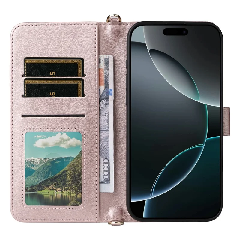 For iPhone 16 Pro Wallet Case with Shoulder / Wrist Strap Leather Phone Cover Stand - Pink
