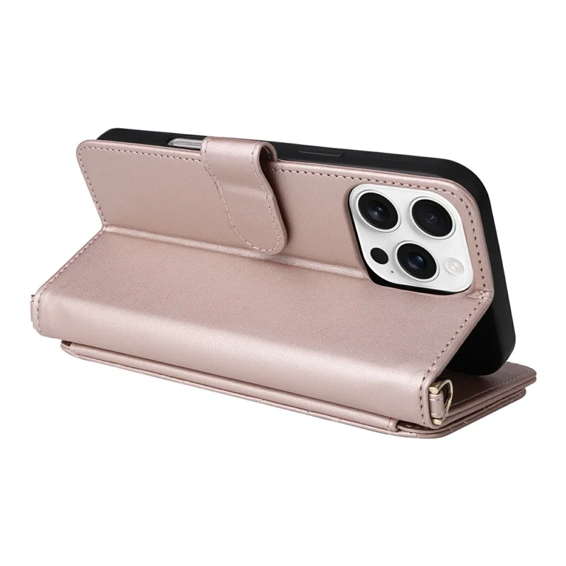 For iPhone 16 Pro Wallet Case with Shoulder / Wrist Strap Leather Phone Cover Stand - Pink