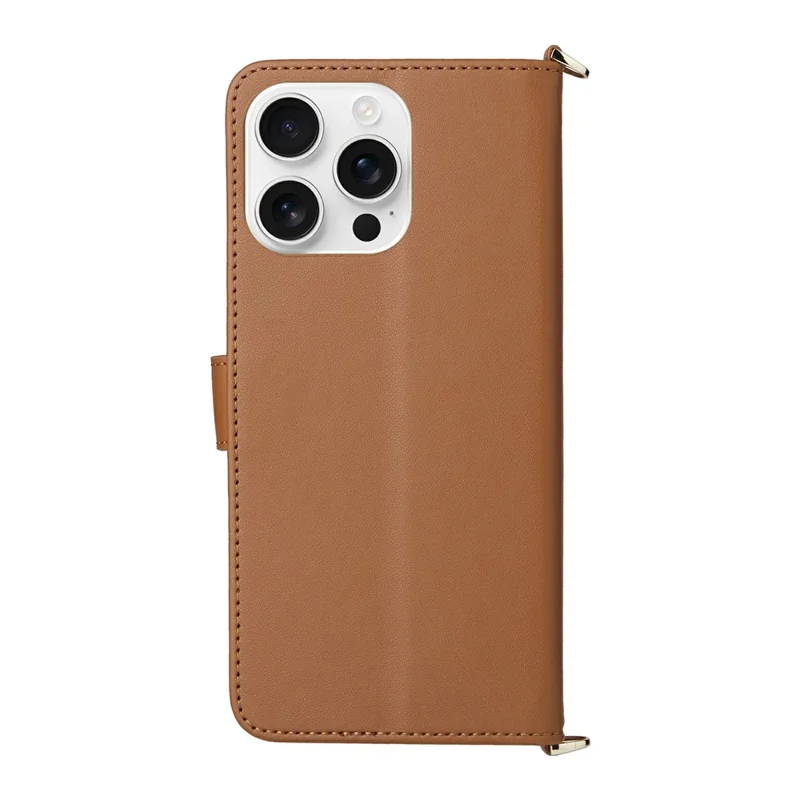 For iPhone 16 Pro Max Wallet Case with Shoulder / Wrist Strap Leather Phone Cover Stand - Brown