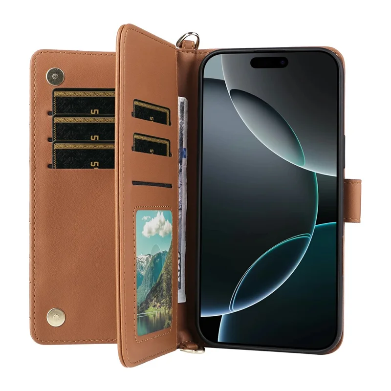 For iPhone 16 Pro Max Wallet Case with Shoulder / Wrist Strap Leather Phone Cover Stand - Brown