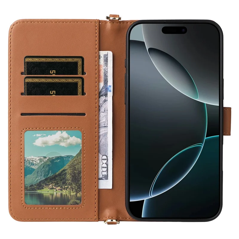 For iPhone 16 Pro Max Wallet Case with Shoulder / Wrist Strap Leather Phone Cover Stand - Brown