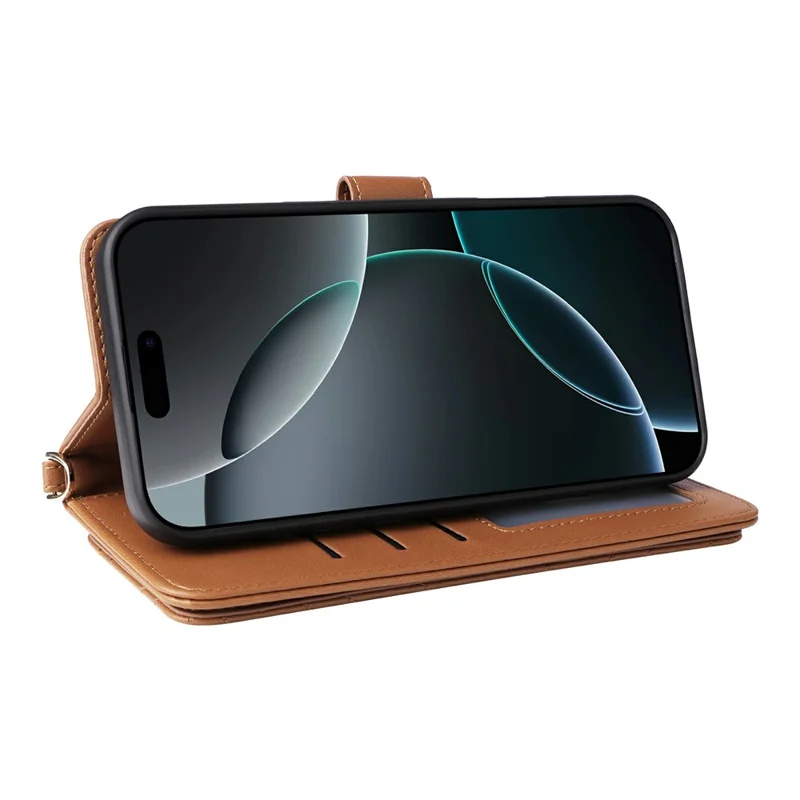 For iPhone 16 Pro Max Wallet Case with Shoulder / Wrist Strap Leather Phone Cover Stand - Brown