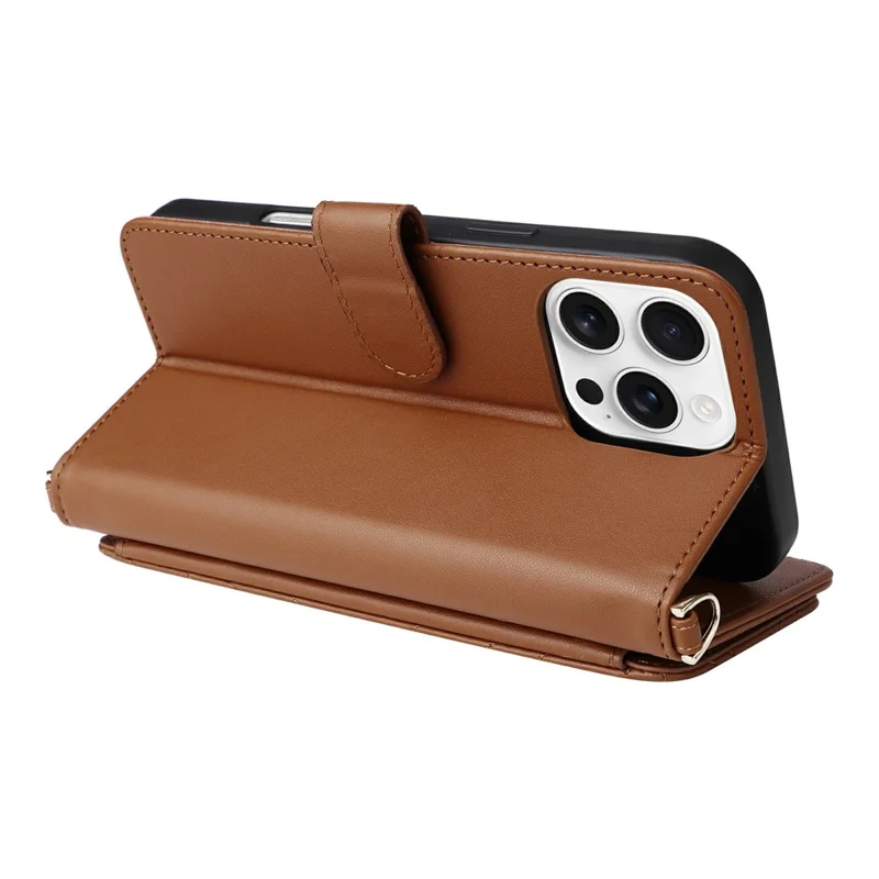 For iPhone 16 Pro Max Wallet Case with Shoulder / Wrist Strap Leather Phone Cover Stand - Brown