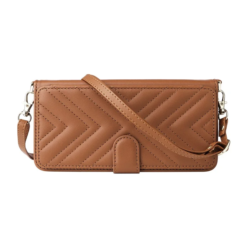For iPhone 16 Pro Max Wallet Case with Shoulder / Wrist Strap Leather Phone Cover Stand - Brown