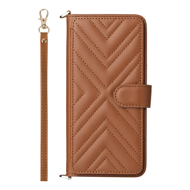 For iPhone 16 Pro Max Wallet Case with Shoulder / Wrist Strap Leather Phone Cover Stand - Brown