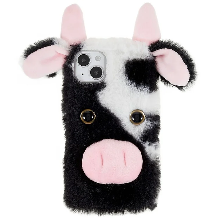 For iPhone 14 Cute Milk Cow Ear Winter Furry Soft TPU Case Collision Resistant Winter Phone Protective Shell - Black