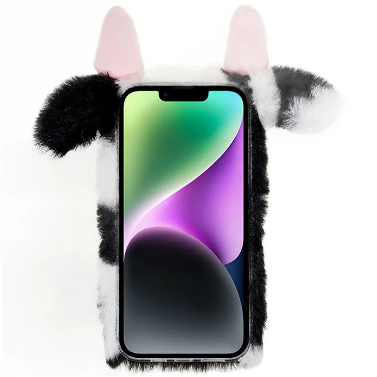 For iPhone 14 Cute Milk Cow Ear Winter Furry Soft TPU Case Collision Resistant Winter Phone Protective Shell - Black