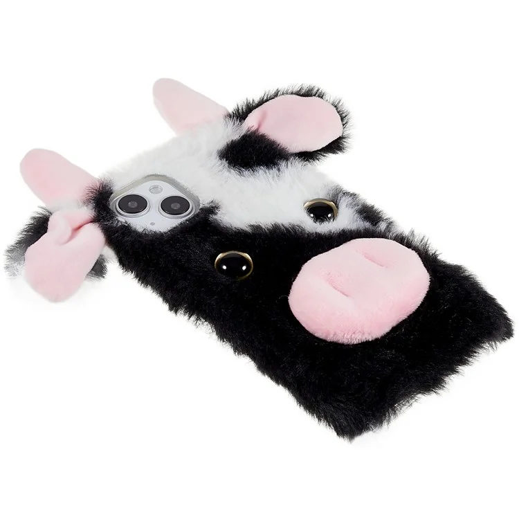 For iPhone 14 Cute Milk Cow Ear Winter Furry Soft TPU Case Collision Resistant Winter Phone Protective Shell - Black