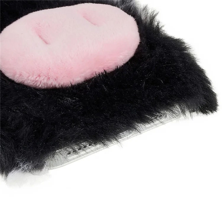 For iPhone 14 Cute Milk Cow Ear Winter Furry Soft TPU Case Collision Resistant Winter Phone Protective Shell - Black