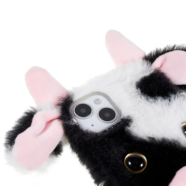 For iPhone 14 Cute Milk Cow Ear Winter Furry Soft TPU Case Collision Resistant Winter Phone Protective Shell - Black