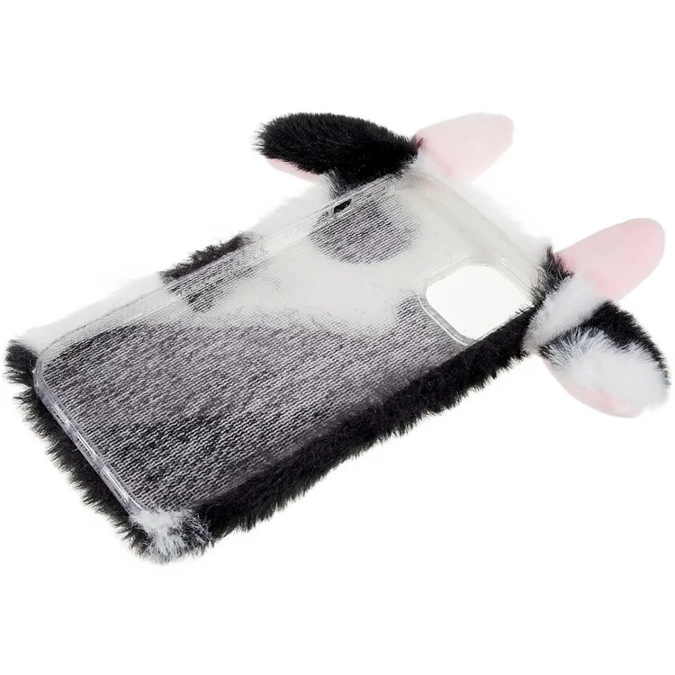 For iPhone 14 Cute Milk Cow Ear Winter Furry Soft TPU Case Collision Resistant Winter Phone Protective Shell - Black
