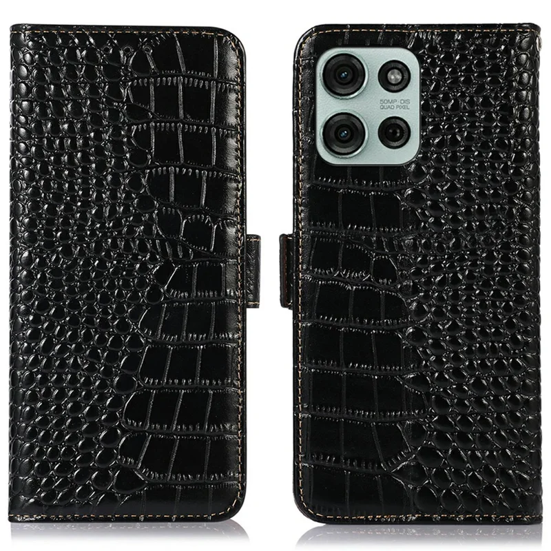 For Motorola Moto G75 5G Case Crocodile Texture Genuine Cow Leather Phone Wallet Cover - Black