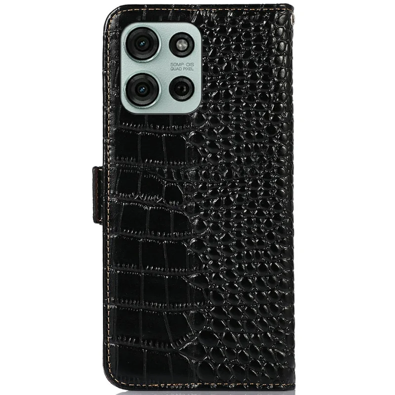 For Motorola Moto G75 5G Case Crocodile Texture Genuine Cow Leather Phone Wallet Cover - Black