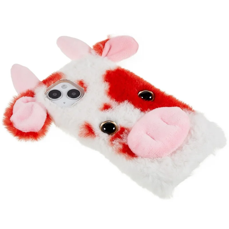 Para Iphone 14 Plus Fofo Leite Vaca ou Orelha de Inverno Peludo Capa Macia e Anti-arranha do Inverno. - Vermelho