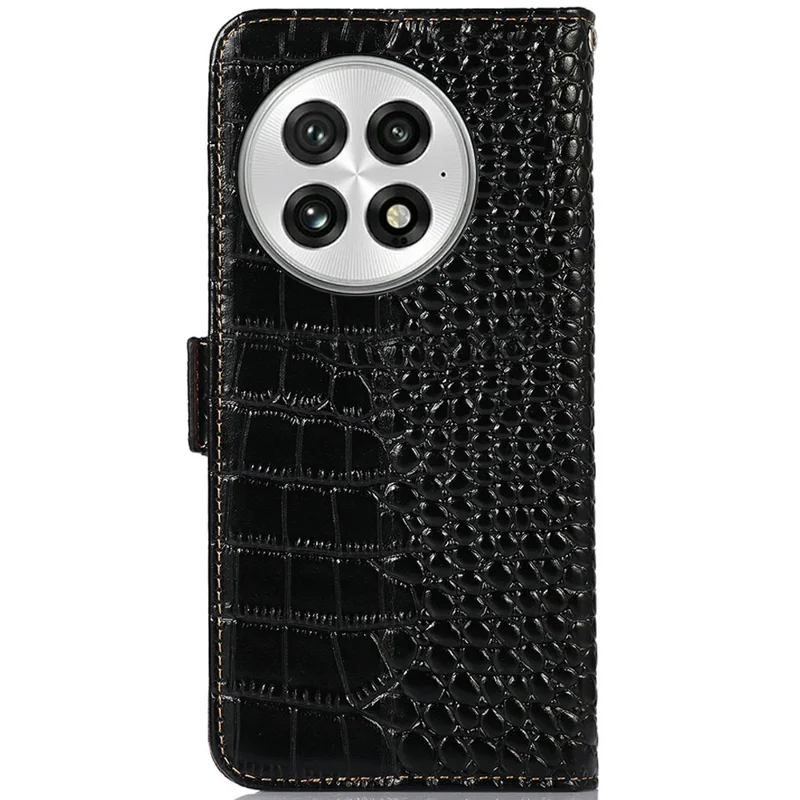 For OnePlus 13 Case Crocodile Texture Genuine Cow Leather Phone Wallet Cover - Black
