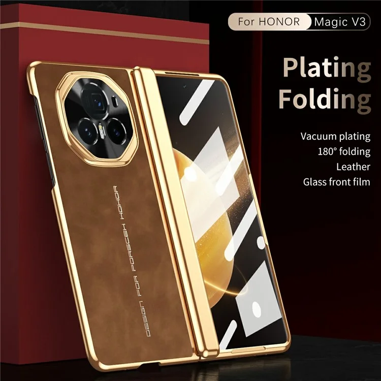 Étui pour téléphone Honor Magic V3 5G avec film en verre trempé, revêtement en cuir électrolytique et PC - Marron