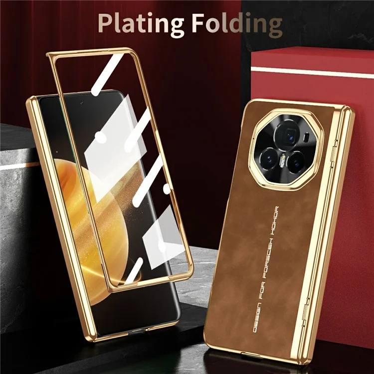 Étui pour téléphone Honor Magic V3 5G avec film en verre trempé, revêtement en cuir électrolytique et PC - Marron