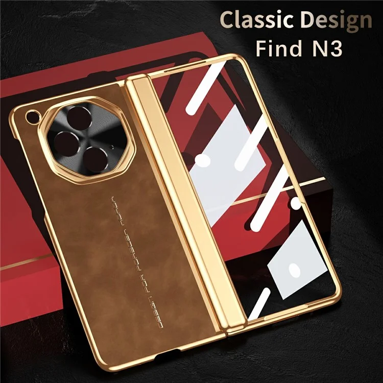 Für Oppo Find N3 5G Handyhülle mit gehärtetem Glasfilm Galvanisierung Leder+PC Handyhülle - Braun