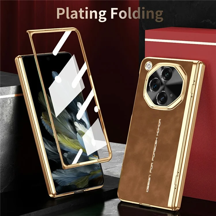 Für Oppo Find N3 5G Handyhülle mit gehärtetem Glasfilm Galvanisierung Leder+PC Handyhülle - Braun