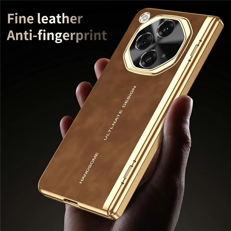 Für Oppo Find N3 5G Handyhülle mit gehärtetem Glasfilm Galvanisierung Leder+PC Handyhülle - Braun