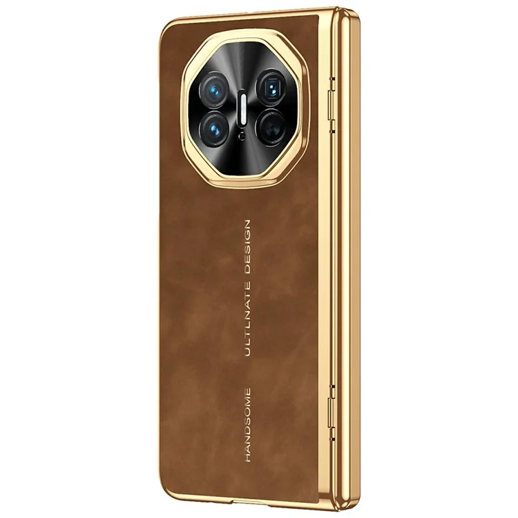 Для Huawei Mate X5 Чехол для телефона с закаленной стеклянной пленкой Electroplating Leather+PC Mobile Cover - Коричневый