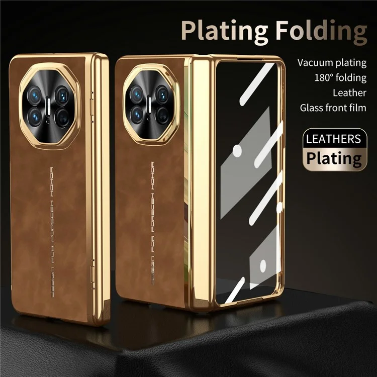 Для Huawei Mate X5 Чехол для телефона с закаленной стеклянной пленкой Electroplating Leather+PC Mobile Cover - Коричневый