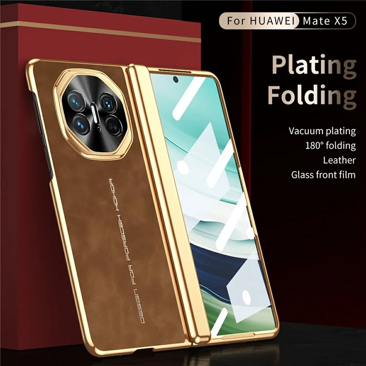 Для Huawei Mate X5 Чехол для телефона с закаленной стеклянной пленкой Electroplating Leather+PC Mobile Cover - Коричневый