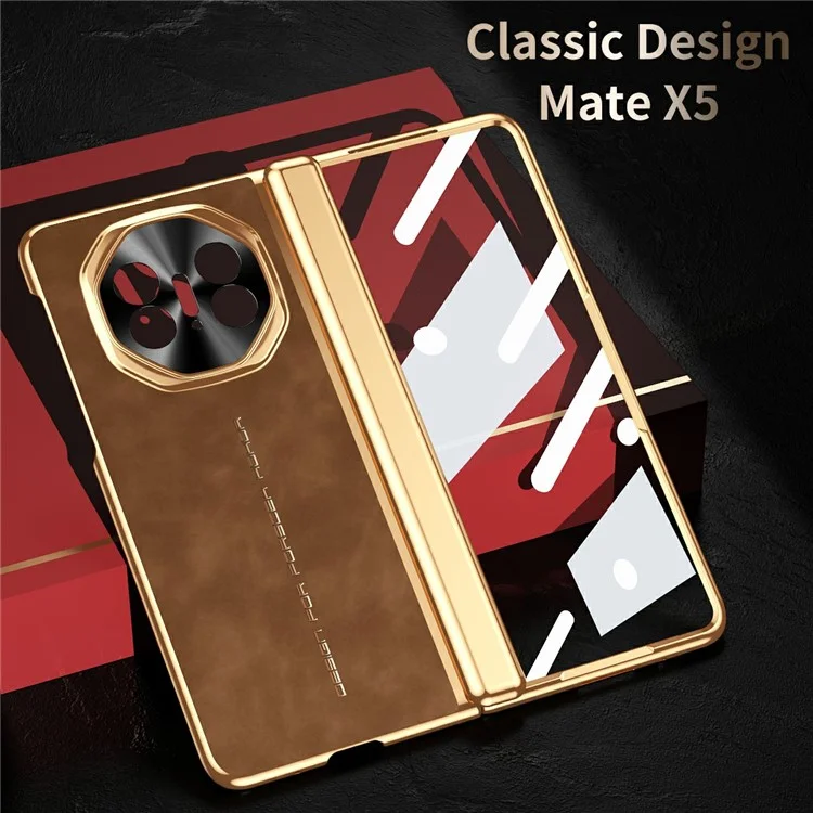 Для Huawei Mate X5 Чехол для телефона с закаленной стеклянной пленкой Electroplating Leather+PC Mobile Cover - Коричневый