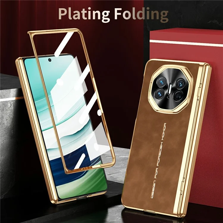 Для Huawei Mate X5 Чехол для телефона с закаленной стеклянной пленкой Electroplating Leather+PC Mobile Cover - Коричневый