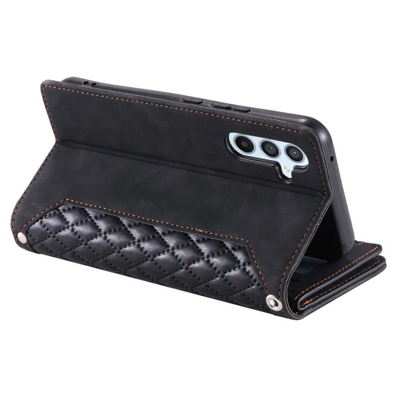 Style 005 For Samsung Galaxy A56 5G Wallet Case Rhombus Stitching Line PU Leather Phone Cover - Black