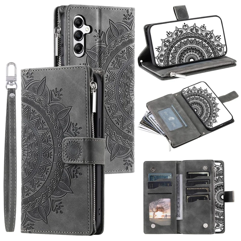 Style 006 For Samsung Galaxy A56 5G Wallet Case PU Leather Phone Cover Mandala Flower Pattern - Grey