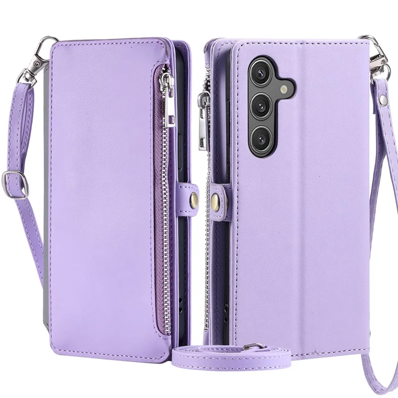 015 Style For Samsung Galaxy A56 5G Case TPU+PU Leather Wallet Phone Cover with Straps - Purple
