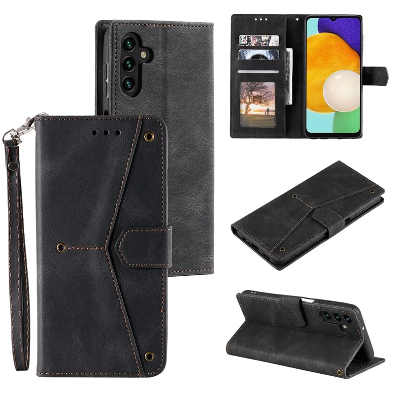 For Samsung Galaxy A56 5G Leather Case Splicing Stitching Wallet Stand Phone Cover with Strap - Black