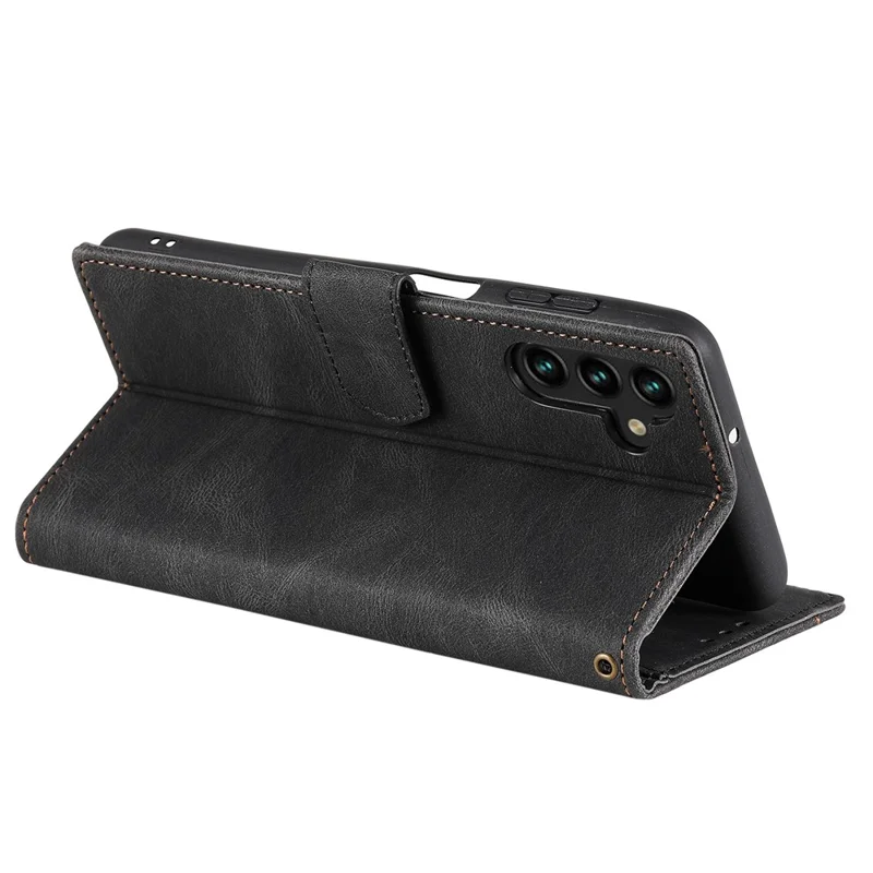 For Samsung Galaxy A56 5G Leather Case Splicing Stitching Wallet Stand Phone Cover with Strap - Black