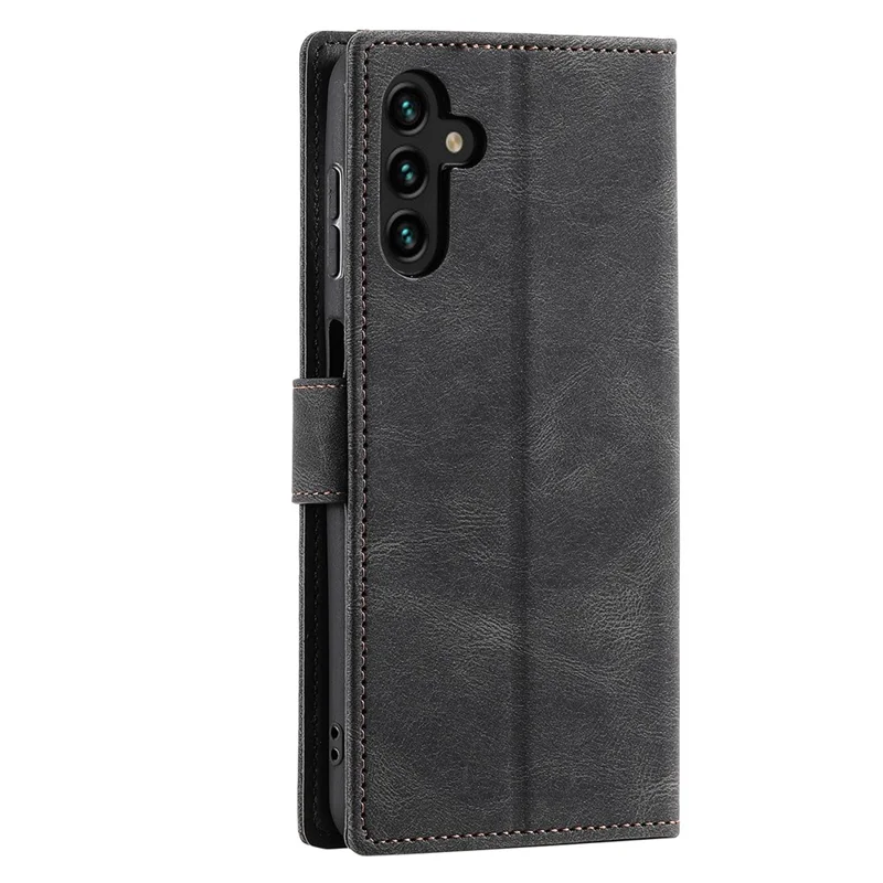 For Samsung Galaxy A56 5G Leather Case Splicing Stitching Wallet Stand Phone Cover with Strap - Black