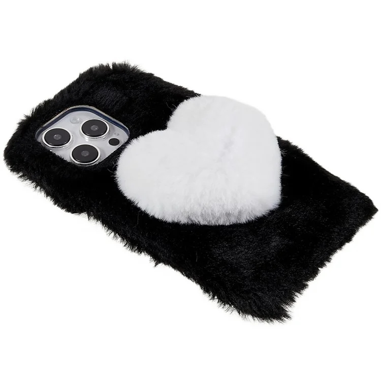 For iPhone 14 Pro Max Soft Fluffy Plush TPU Protective Case Love Heart Design Winter Phone Back Cover - Black