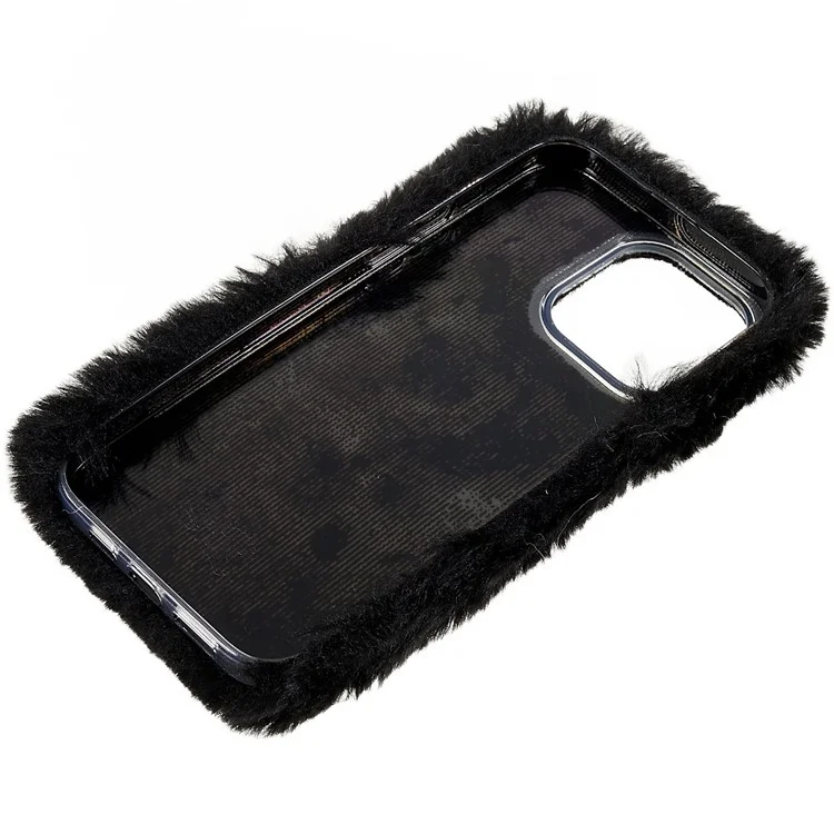 For iPhone 14 Pro Max Soft Fluffy Plush TPU Protective Case Love Heart Design Winter Phone Back Cover - Black