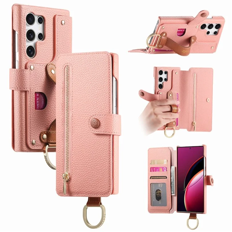 For Samsung Galaxy S24 Ultra Case RFID Blocking Zipper Wallet PU Leather Mobile Cover - Pink