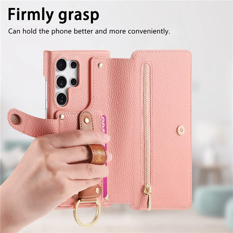 For Samsung Galaxy S24 Ultra Case RFID Blocking Zipper Wallet PU Leather Mobile Cover - Pink