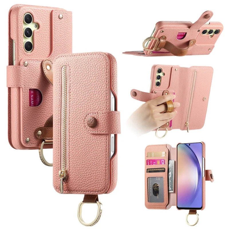 For Samsung Galaxy A14 4G / 5G Case RFID Blocking Zipper Wallet PU Leather Mobile Cover - Pink