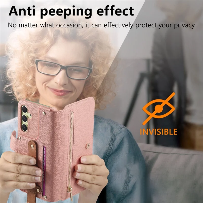 For Samsung Galaxy A14 4G / 5G Case RFID Blocking Zipper Wallet PU Leather Mobile Cover - Pink