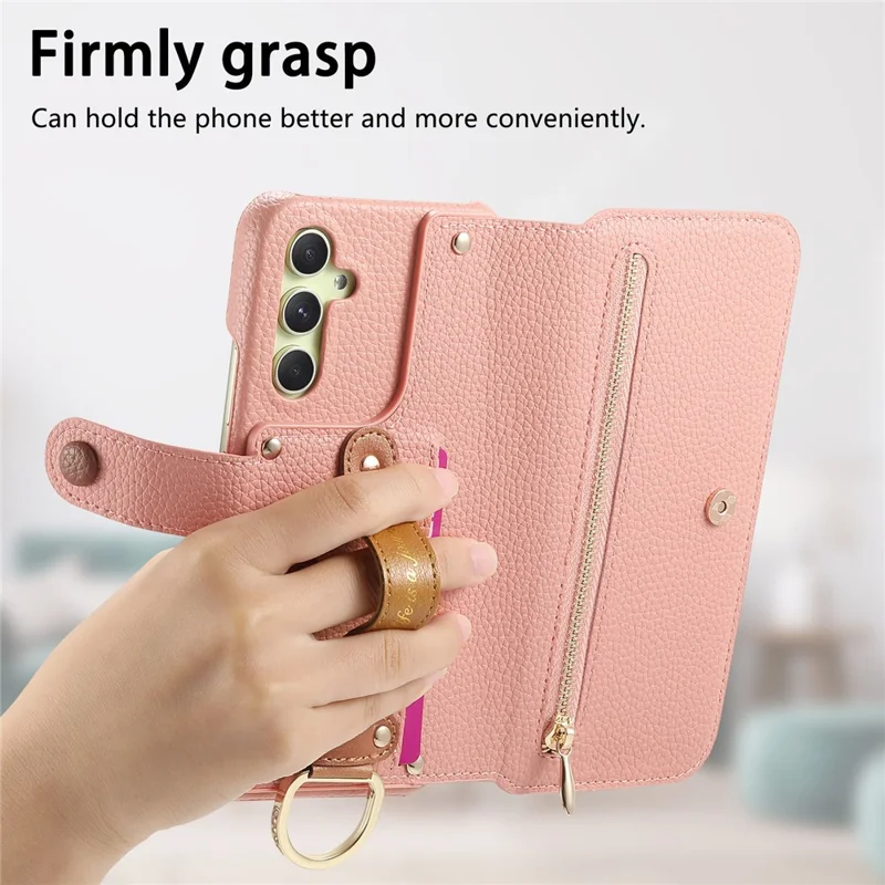 For Samsung Galaxy A14 4G / 5G Case RFID Blocking Zipper Wallet PU Leather Mobile Cover - Pink