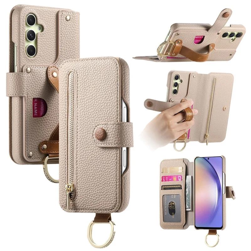 Fodral för Samsung Galaxy A14 4G/5G med RFID-skydd, plånbok med blixtlås, mobilsax av PU-läder - Khaki