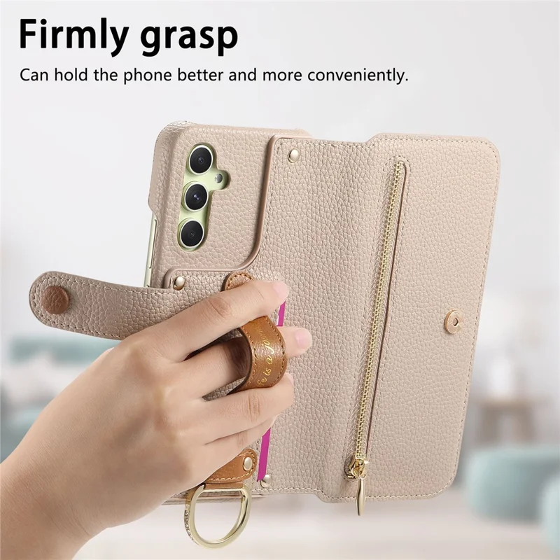 Fodral för Samsung Galaxy A14 4G/5G med RFID-skydd, plånbok med blixtlås, mobilsax av PU-läder - Khaki