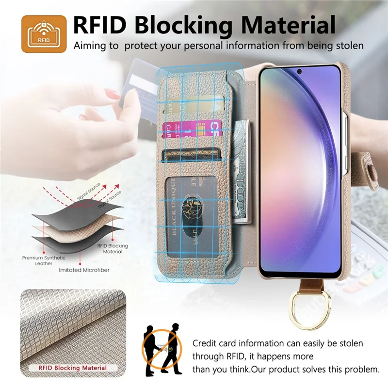Fodral för Samsung Galaxy A14 4G/5G med RFID-skydd, plånbok med blixtlås, mobilsax av PU-läder - Khaki